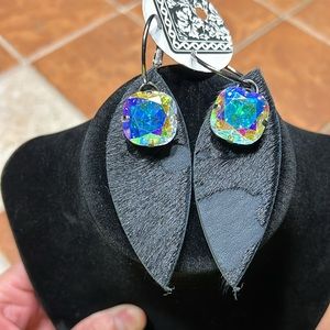 Sandra Ling Black Hair On Hide Feather Earrings With Large AB Crystal Stone